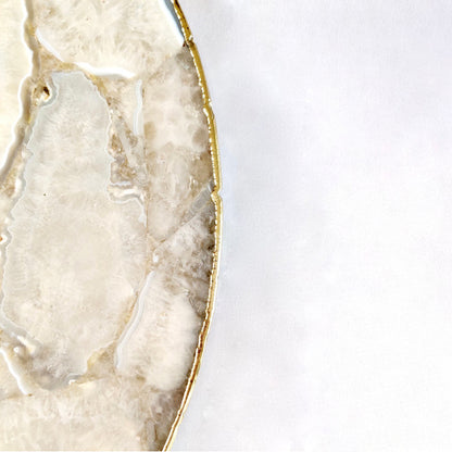 White Agate Serving Tray With Brass Handles | Circular |