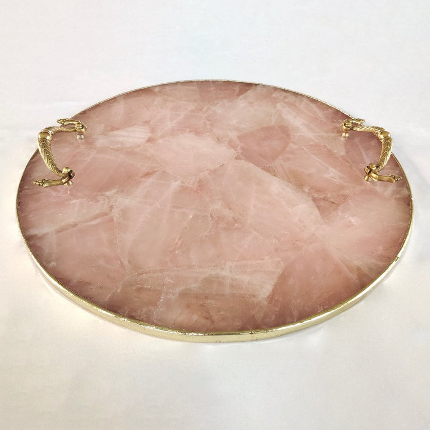 Rose Quartz Agate | Serving Tray With Brass Handles | Circular |