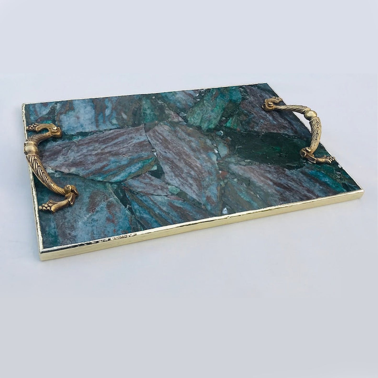 Green Aventurine Agate Serving Tray With Brass Handles