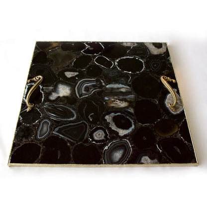 Black Agate Serving Tray With Brass Handles | Square