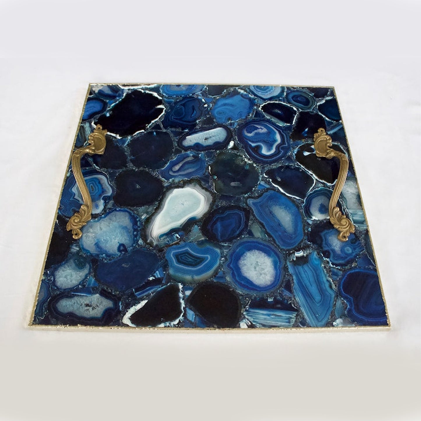 Blue Agate Serving Tray With Brass Handles | Square