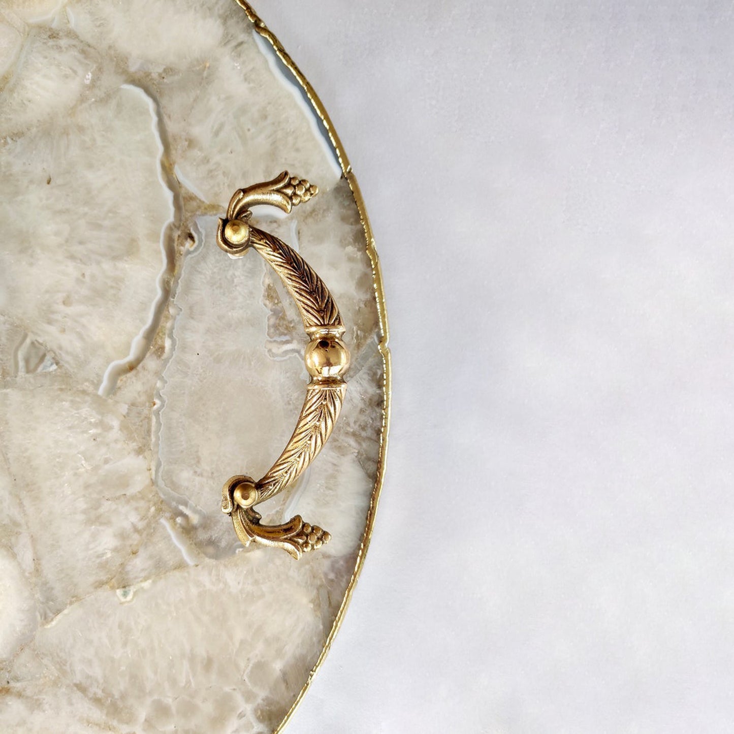 White Agate Serving Tray With Brass Handles | Circular |