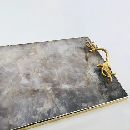 Smoky Quartz Agate Serving Tray With Brass Handles