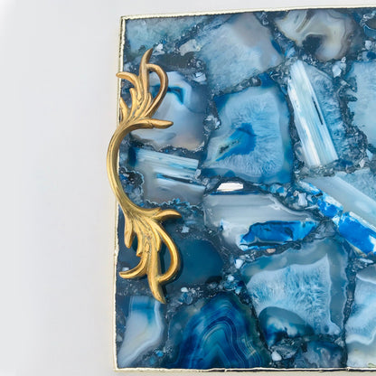 Blue Agate  Serving Tray With Brass Handles