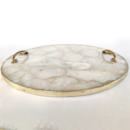 White Agate  Serving Tray With Brass Handles | Circular |
