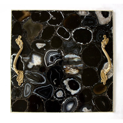 Black Agate Serving Tray With Brass Handles | Square