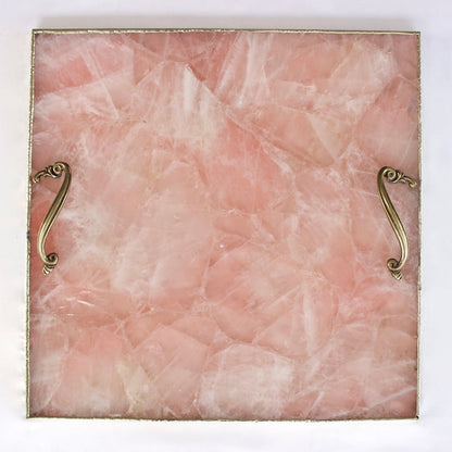Rose quartz square serving tray with Leaf Scroll brass handles