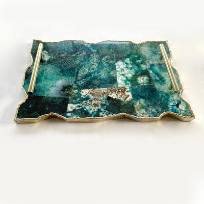 Large Composite Green Agate Serving Tray With Plain Modern Brass Handles/Personalised Momentos/Sign Boards 10"x15"