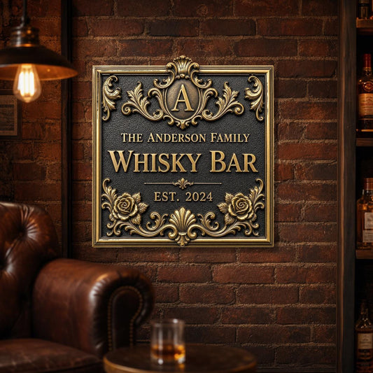 Personalised Home Bar Sign | Antique Brass Whisky Plaque | Custom Wall Decor