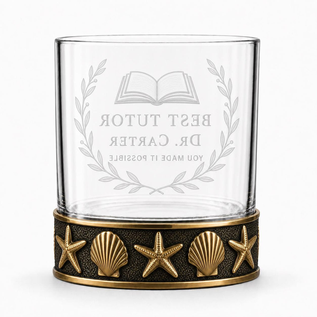 Personalized Starfish and Seashell Whiskey Glass – Custom Etched Old Fashioned Glass, 10 oz