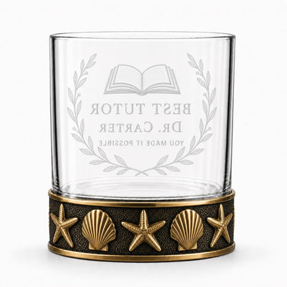 Personalized Starfish and Seashell Whiskey Glass – Custom Etched Old Fashioned Glass, 10 oz