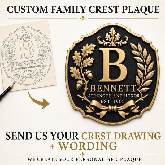 Custom Family Monogram Crest Plaque | Personalised Surname, Motto & Established Year | Antique Brass Wall Sign