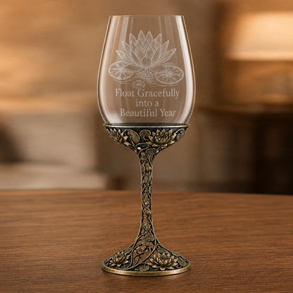 July Water Lily Wine Glass, Personalised Birth Flower, Openwork Brass Stem, Custom Etched Gift