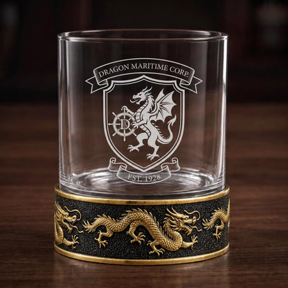 Personalised Laser Etched Brass Base Whiskey Glass | Signature Name/Logo Glasses | Dragon Metal Design