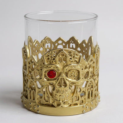 Gemstone Skull Whiskey Glass – Gold Holder, 10 oz