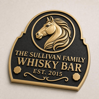 Personalised Horse Head Whisky Bar Plaque | Custom Family Bar Sign | Handcrafted Antique Brass Wall Decor