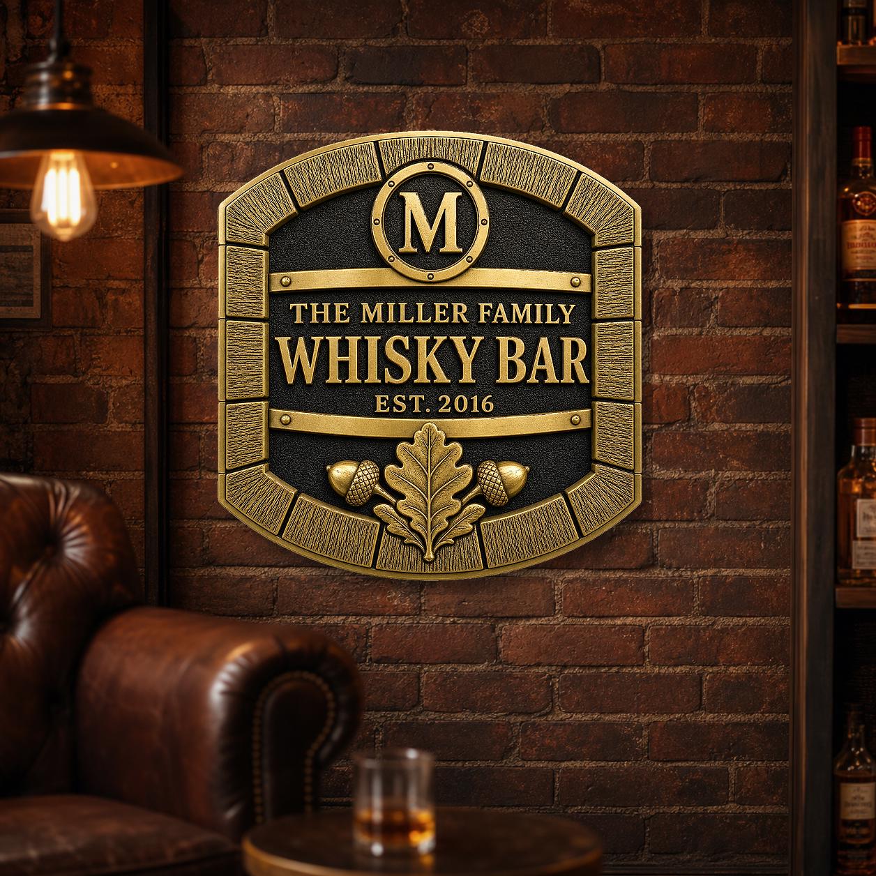 Personalised Oak Barrel Whisky Bar Plaque | Custom Family Home Bar Sign | Handcrafted Antique Brass Wall Decor