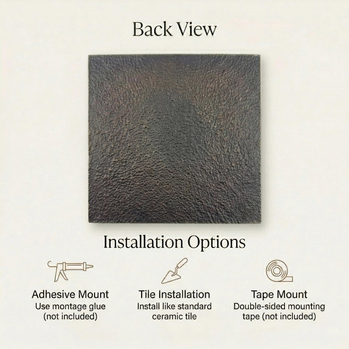 Back of a tile with the three fitting options: adhesive, tile setting and tape