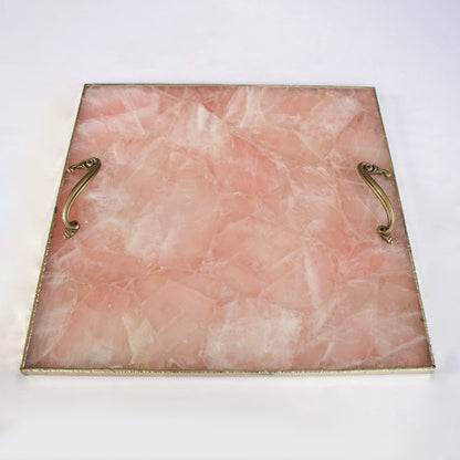 Rose Quartz Agate Serving Tray With Brass Handles | Square