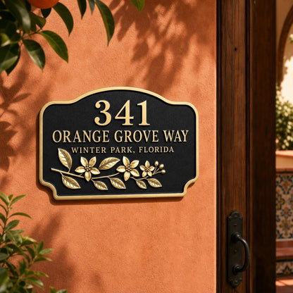 Personalised Orange Blossom Address Plaque | Custom Antique Brass House Number | Outdoor Wall Decor