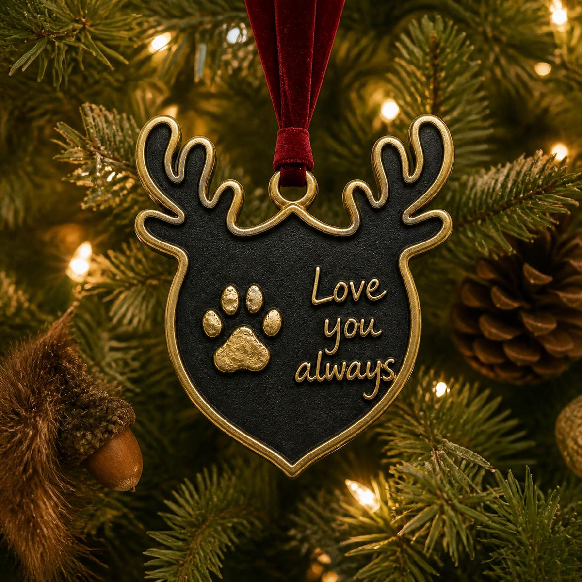Antlered paw print ornament hanging on a lit Christmas tree