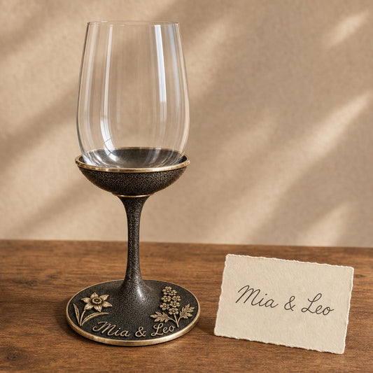 Personalised Birth Flower Wine Glass | Daffodil & Larkspur Antique Brass Base | Custom Couple Glasses