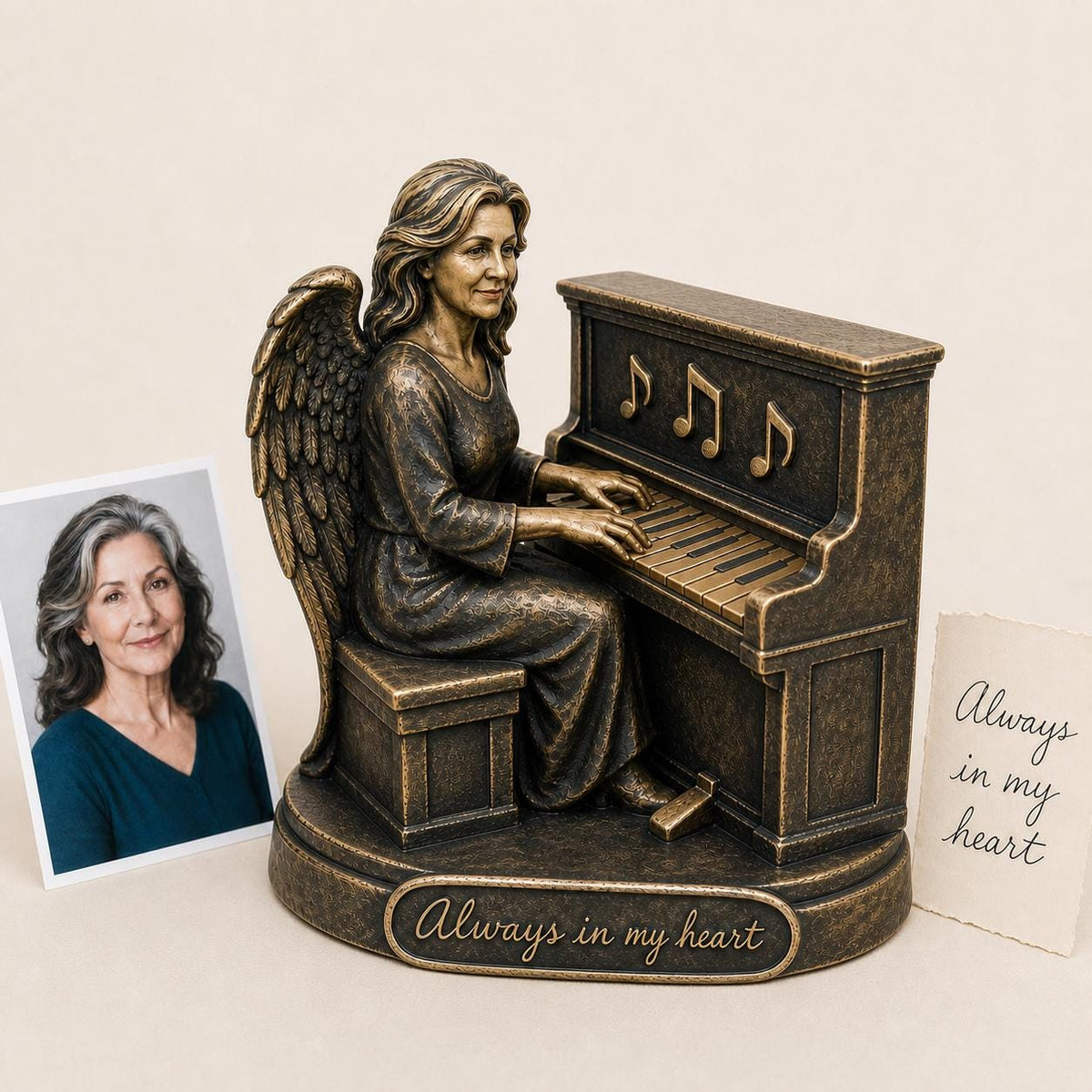 Personalised Piano Memorial Figurine from Photo, Antique Brass Angel Statue, Musician Remembrance Gift