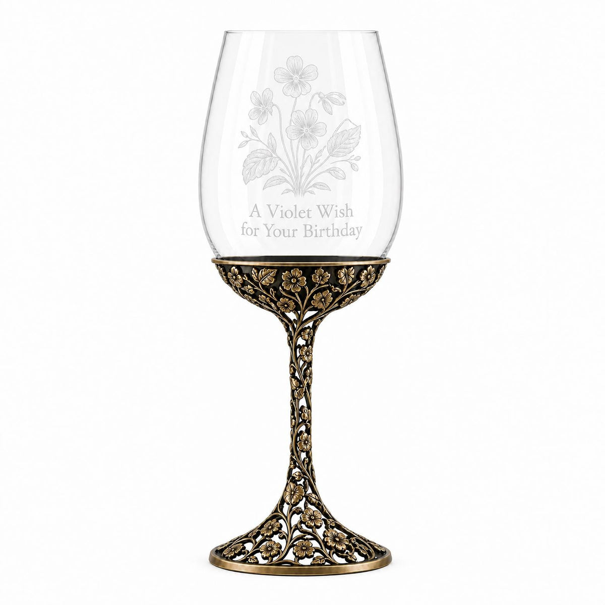 February Violet Wine Glass, Openwork Brass Stem, Custom Etched Gift