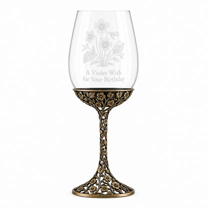 February Violet Wine Glass, Openwork Brass Stem, Custom Etched Gift