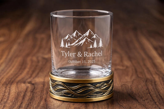 Personalised Laser Etched Brass Base Whiskey Glass | Custom Name/Text Glass | Antique Gold Finish