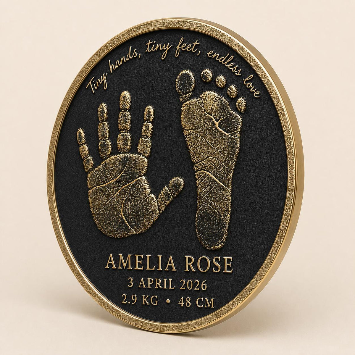 Personalised Baby Handprint & Footprint Plaque, Custom Birth Details Keepsake, Antique Brass Nursery Gift
