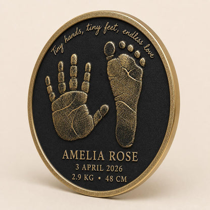 Personalised Baby Handprint & Footprint Plaque, Custom Birth Details Keepsake, Antique Brass Nursery Gift