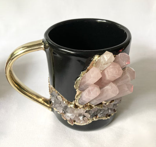 Set of 2 |Black and Gold Ceramic Big Coffee/Tea/Juice/Beverage Mug with Rose Quartz Semi-precious Agate Crystal | 12 oz/355 ml