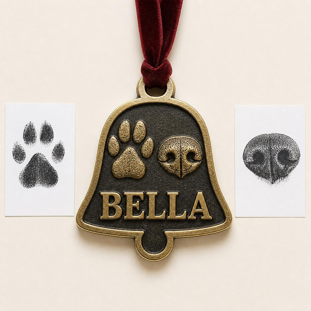 Antique brass bell-shaped pet ornament with a raised paw print, nose print and BELLA, beside the ink print cards