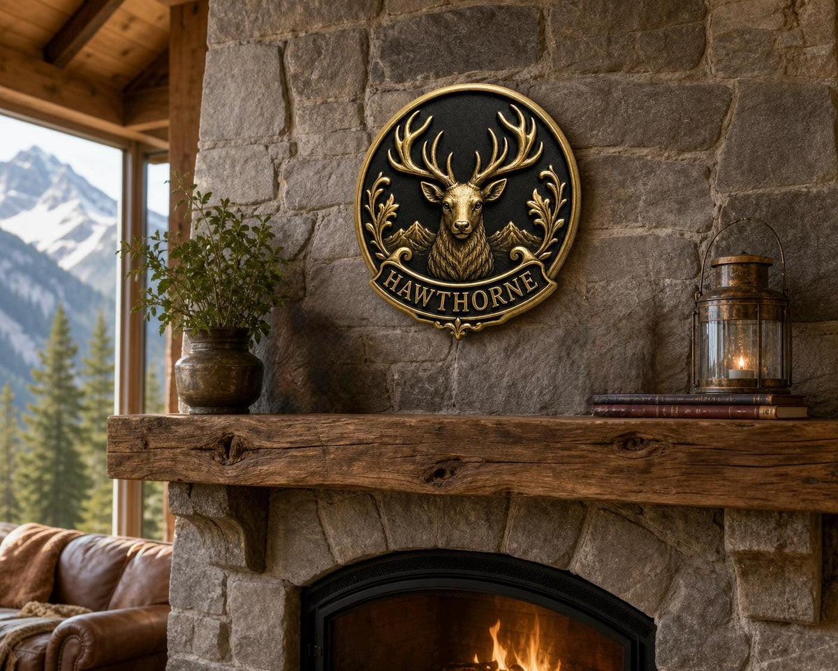 Design Your Own Round Stag Crest Plaque | Custom Surname Banner | Antique Brass Wall Sign