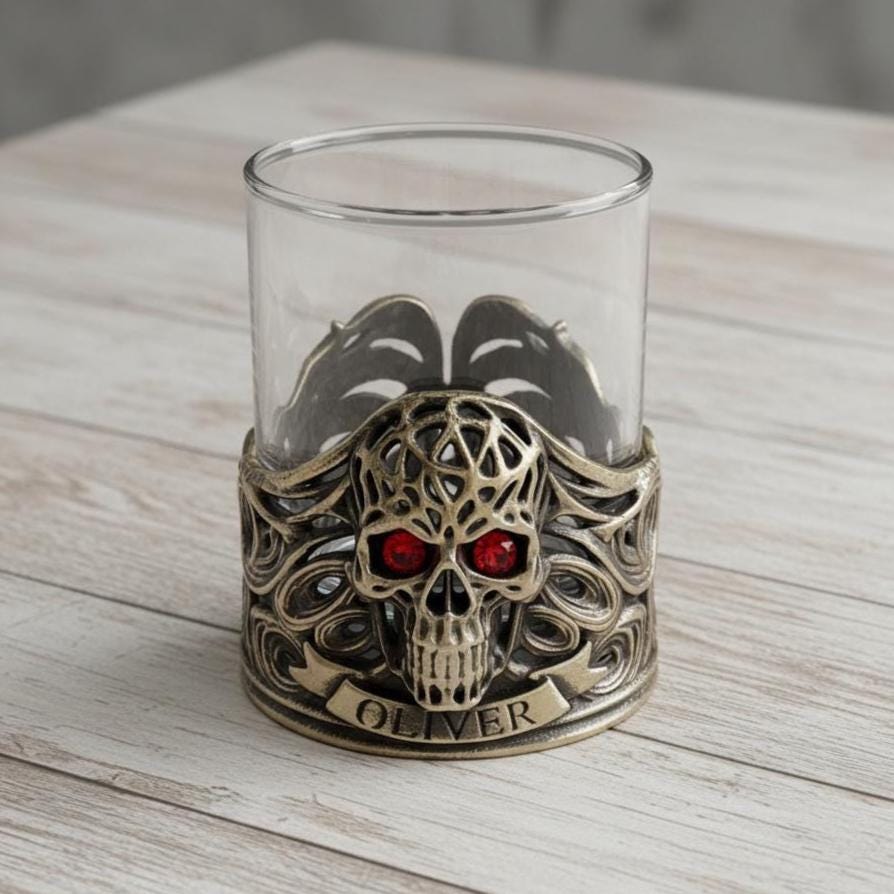 Personalized Jeweled Skull Whiskey Glass – Name on the Band, 10 oz