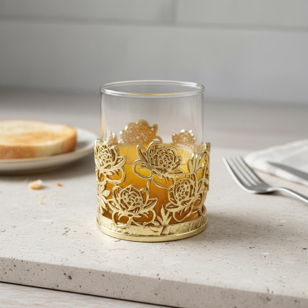 Floral Whiskey Glass – Openwork Metal Holder, 10 oz