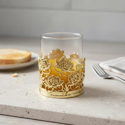 Floral Whiskey Glass – Openwork Metal Holder, 10 oz