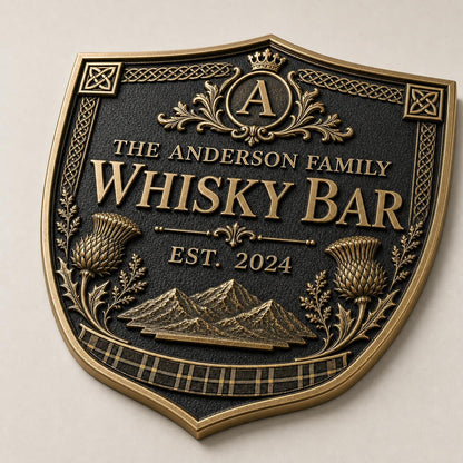 Personalised Home Bar Sign | Antique Brass Whisky Plaque | Custom Family Bar Gift