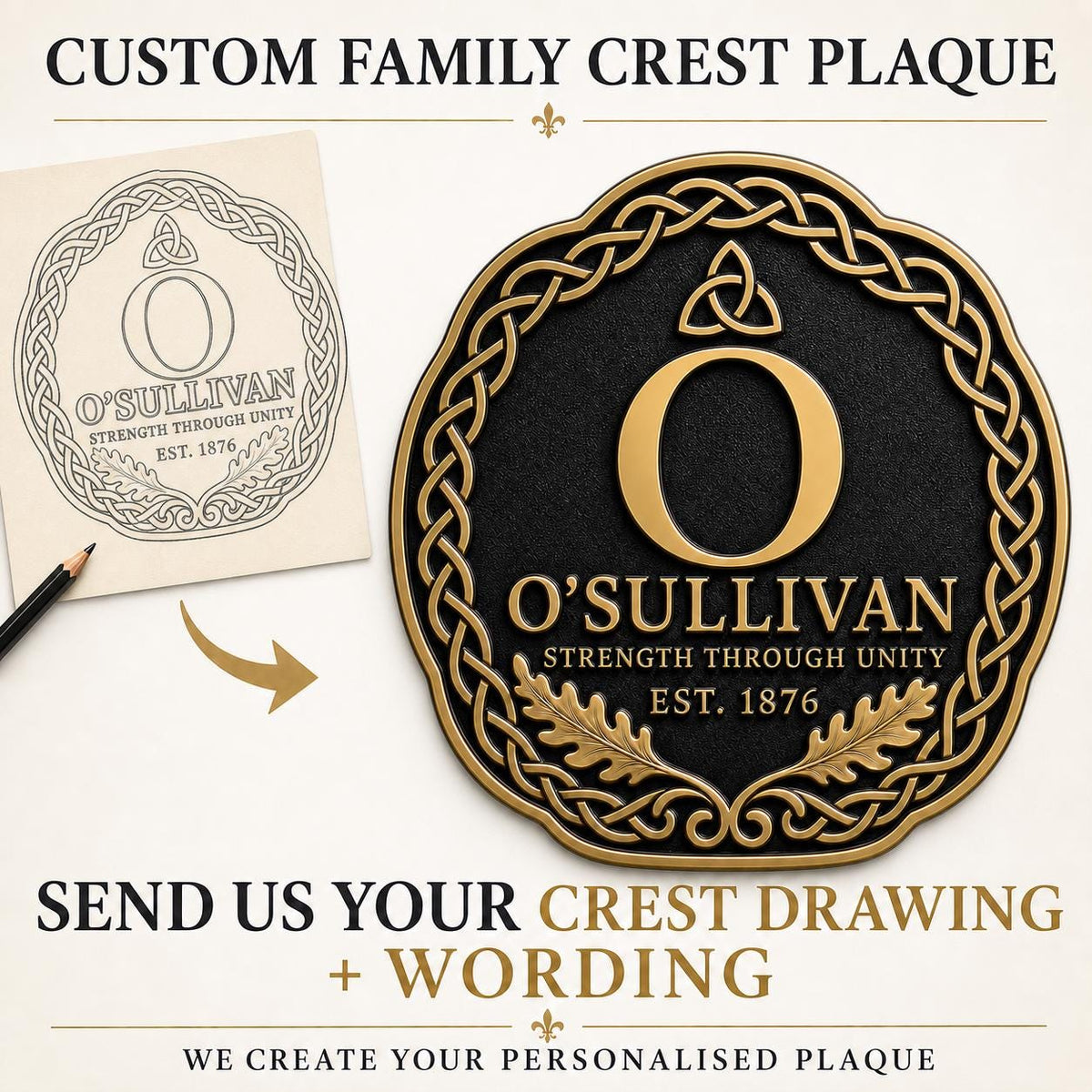 Design Your Own Celtic Knot Crest Plaque | Custom Initial, Surname & Motto | Antique Brass Wall Sign