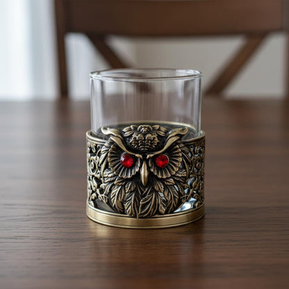Gemstone Owl Whiskey Glass – Antique Brass Holder, 10 oz