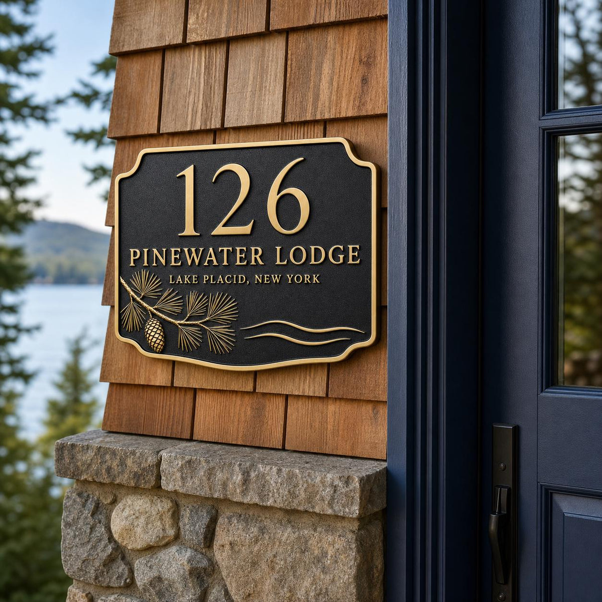 Personalised Pine Tree Address Plaque | Custom Antique Brass House Number | Indoor/Outdoor Wall Decor