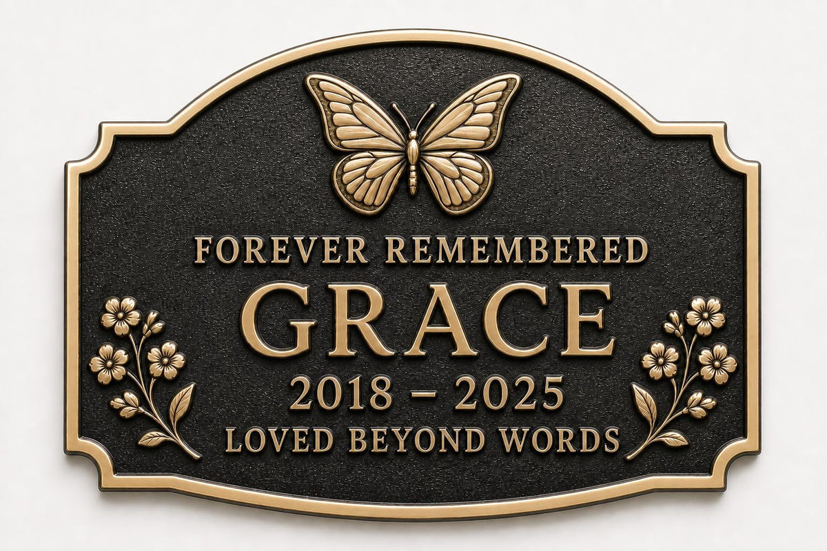 In Loving Memory Plaque, Personalised Floral Memorial, Antique Brass Sign