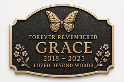 In Loving Memory Plaque, Personalised Floral Memorial, Antique Brass Sign
