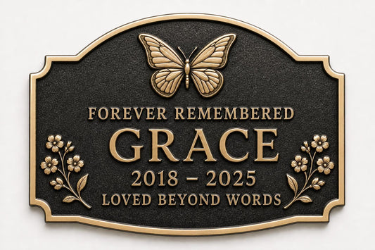 In Loving Memory Plaque, Personalised Floral Memorial, Antique Brass Sign