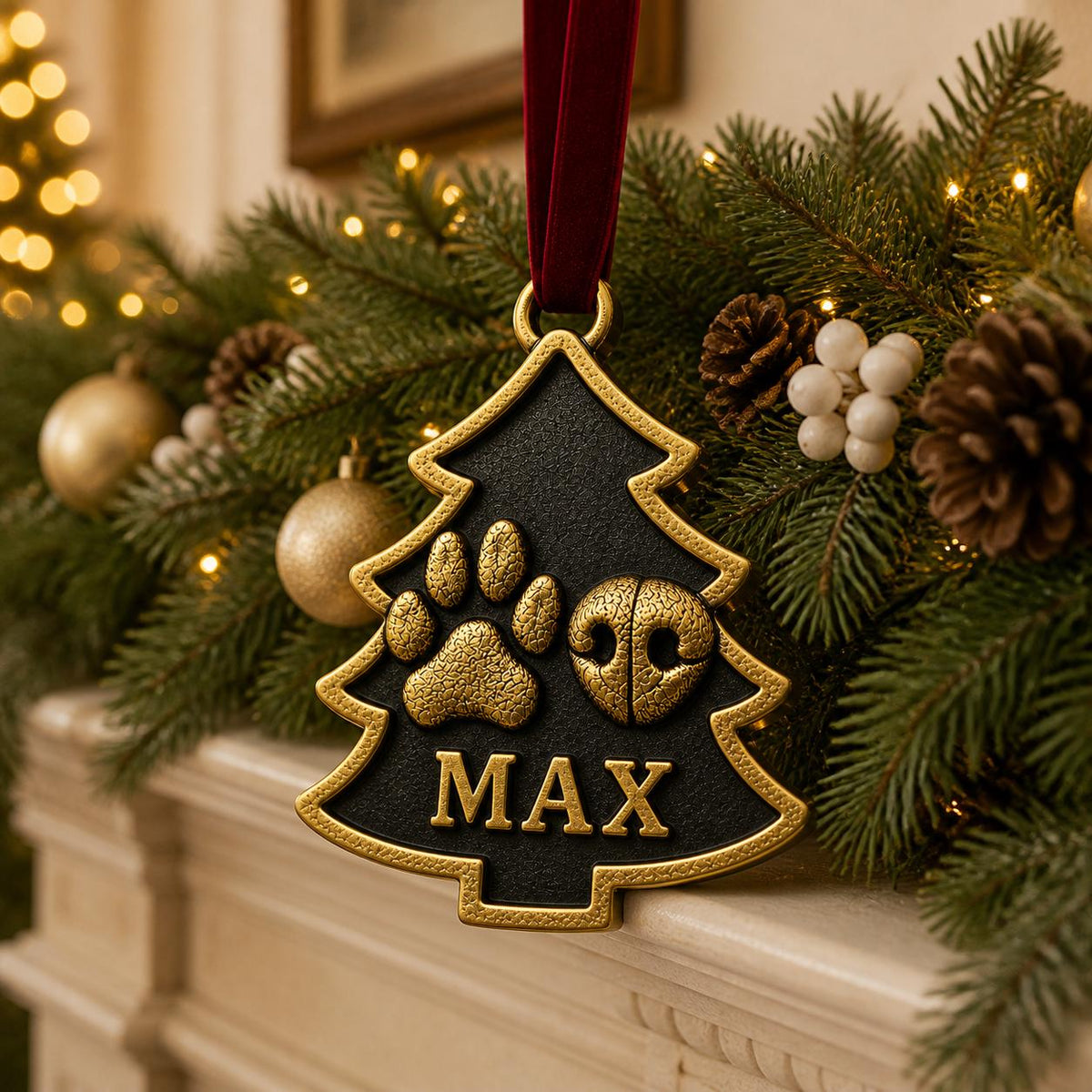 Tree-shaped pet ornament with MAX hanging from a mantel garland with pine cones