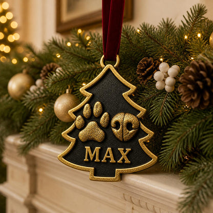 Tree-shaped pet ornament with MAX hanging from a mantel garland with pine cones