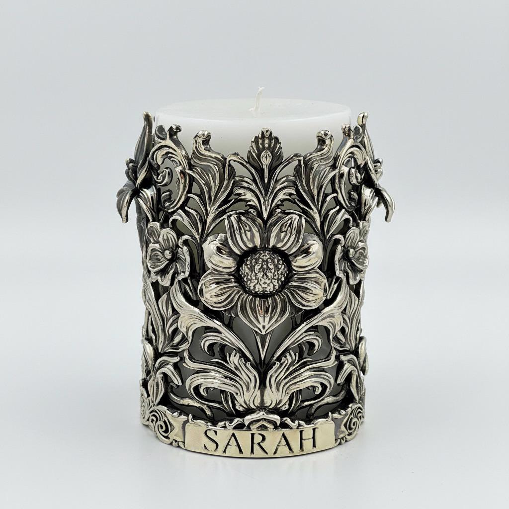 Floral pillar candle holder with SARAH on the band