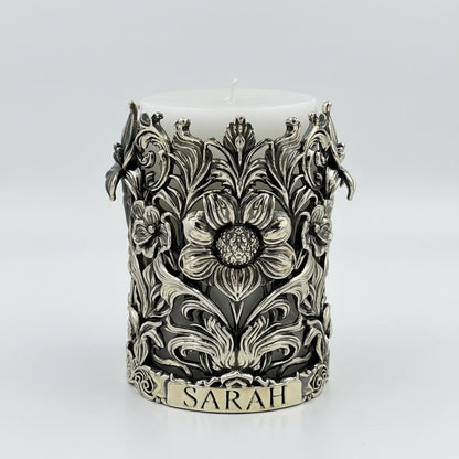 Floral pillar candle holder with SARAH on the band