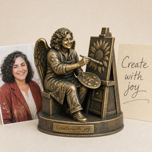 Personalised Painter Memorial Figurine from Photo, Antique Brass Angel Statue, Artist Remembrance Gift